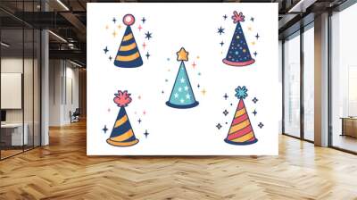 Five different colorful party hats with starry decorations set against a white background. Flat vector illustration. Wall mural