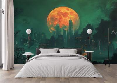 man silhouette in night, city landscape and bog red moon at night Wall mural