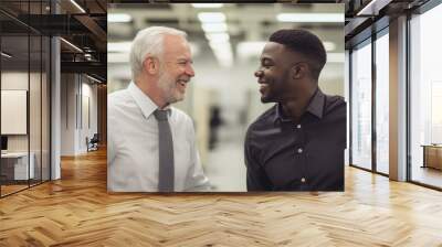 Older white man and young Black male colleague sharing a light moment over a cubicle wall. Minimalist office setting with ample copy space. Wall mural