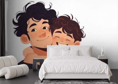 Son and father hugging. Smiling dad holding son. Cute cartoon characters isolated on white background. Colorful vector illustration Wall mural