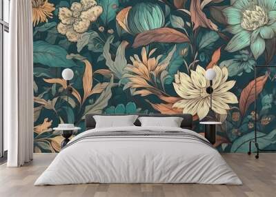 Vintage floral pattern on dark teal background Wall mural