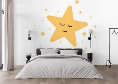 Set of posters yellow sleepy moon pink star cloud for baby room decoration Childish style pink color Perfect for fabric print logo sign cards banners Kids wall art design Vector illustration.
 Wall mural