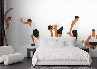 Basic RGBWorkout man set. Man doing fitness exercises. Warm up before gym. Full body workout. Warming up, stretching Wall mural