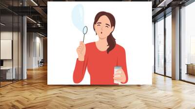 Having fun, summer, leisure concept. Positive young pretty girl standing playing with air bubbles blowing air bubble toy like little child, having fun. Flat vector illustration isolated on white backg Wall mural