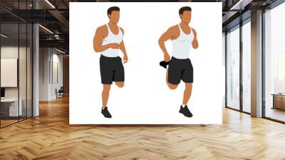 Man doing butt kicks exercise. Flat vector illustration isolated on white background. Workout character set Wall mural