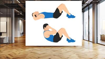 Man doing sit ups exercise. Abdominals exercise flat vector illustration isolated on white background Wall mural