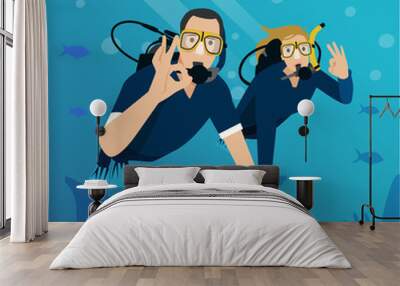 man woman couple snorkeling scuba diving under water sea coral reef Wall mural