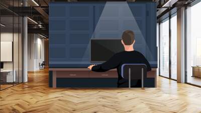 Man working on a computer. View from his back flat vector illustration Wall mural