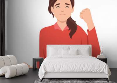 Winning gesture of happy confident woman expressing positive emotion. Successful smiling female character showing strength with fists up Wall mural