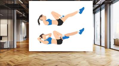 Woman doing Bicycles. Elbow to knee crunches. Cross body crunches exercise. Flat vector illustration isolated on white background Wall mural