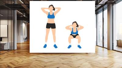 Woman doing Hands at the back of the head Bodyweight squats exercise. Flat vector illustration isolated on white background Wall mural