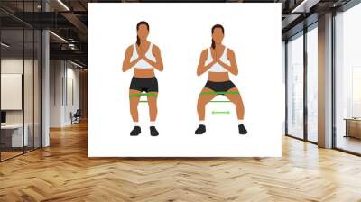 Woman doing Side shuffles. Crab walk training and stretching. Resistance band exercise. Flat vector illustration isolated on white background Wall mural