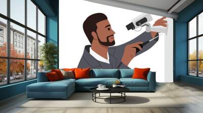 Worker installs a camera on the street CCTV Installation Wizard. Flat vector illustration isolated on white background Wall mural