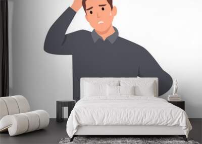 Young man cartoon character Confused in Casual wear scratching his head. Unhappy man in puzzled expression . Flat vector illustration isolated on white background Wall mural