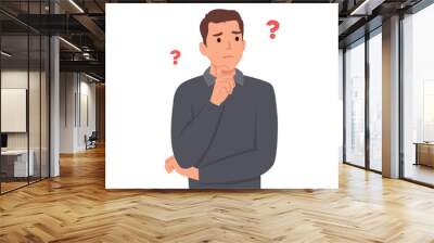 Young man cartoon character Confused thinking about problem solution hand on chin. Unhappy man in puzzled expression . Flat vector illustration isolated on white background Wall mural