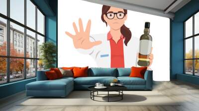 Young woman doctor asking no or stop to alcohol because it is unhealthy. Flat vector illustration isolated on white background Wall mural