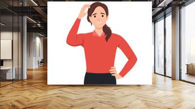 Young woman scratching her head. Puzzled girl scraping hair, feeling doubt or hesitating. Question and doubt concept, human expression and body language concept. Flat vector illustration isolated on w Wall mural