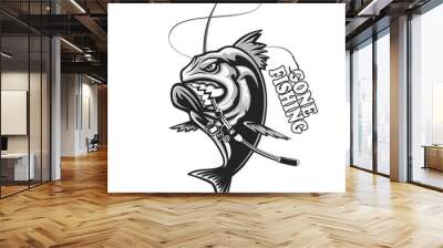 Angry piranha fishing logo. Vector illustration can be used for creating logo and emblem for fishing clubs, prints, web and other crafts. Wall mural