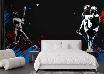 Baseball player. Baseball cap. Hitter swinging with bat. Abstract isolated vector silhouette. Iink drawing Wall mural