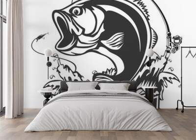 Fishing logo. Bass fish with rod club emblem. Fishing theme vector illustration. Isolated on white. Wall mural