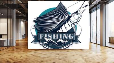 Marlin fishing emblem isolated on white Wall mural