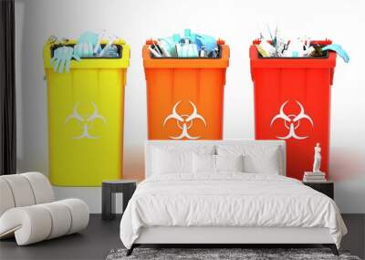 Medical trash 3d illustration. Coronavirus protection equipment in medical waste bin. Used face masks and sterile gloves. Wall mural