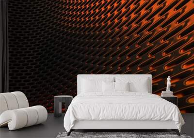 Metal mesh grild. Abstract 3d rendering background in high resolution. 3d render of  black carbon grid with orange light. Wall mural