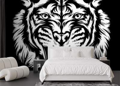 Tiger angry face tattoo. Vector illustration of big cat head. Tiger print. Wall mural