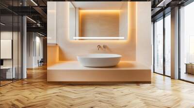 Frameless mirror with integrated lighting in a neutral minimalist bathroom, minimalist bathroom mirror, modern sleek Wall mural