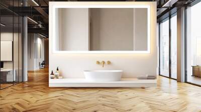 Frameless mirror with soft lighting and brass accents in a beige bathroom, minimalist bathroom mirror, modern luxury Wall mural