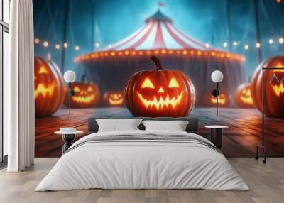 Haunted big top with glowing jack-o'-lanterns, eerie atmosphere, 3D illustration Wall mural