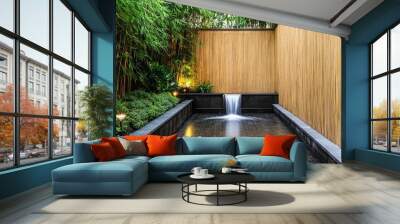 Tropical spa garden with bamboo walls, soft lighting, and a gentle waterfall Wall mural