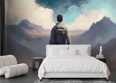 Man standing with his back to the landscape with clouds and mountains
 Wall mural