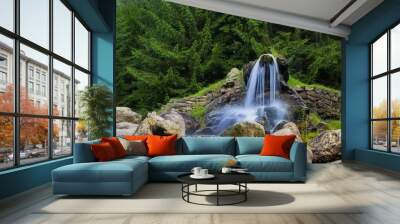 beautiful artificial waterfalls, in the background are green pine trees. (izvorul minunilor) romania Wall mural