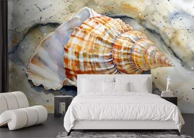 Watercolor painting of seashells - ocean art with spiral shell beach, Generative AI. Wall mural