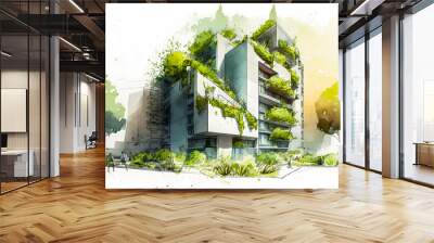 Building sketch, biophilic architecture concept. Ai generated model of residential building with greenery  Wall mural