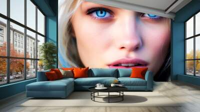 Closeup of pretty young woman face with blue eyes. Woman with clean fresh skin Wall mural