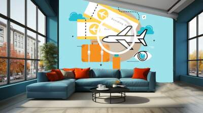 Travelling by plane, summer holiday, airplane trip, vacation flat vector illustration design. Travel, trip planning design for mobile and web graphics Wall mural