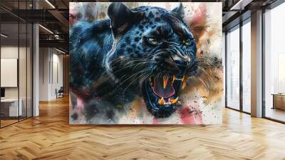  Roaring Black_Panther watercolor illustration, abstract  background,poster with black predator, character roaring,  Wall mural