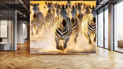 A Herd of Zebras Running Through Water at Sunset Wall mural