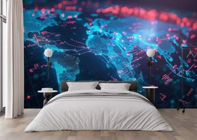 Abstract world map symbolizing global network and connectivity, international data transfer, cyber technology, worldwide business, information exchange, and telecommunication. Wall mural