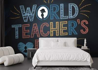 Chalkboard Illustration of World Teacher's Day with Heart and Teacher Silhouettes Wall mural