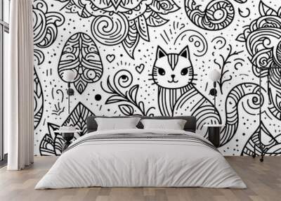 Cute Cats and Floral Ornaments Seamless Pattern Wall mural