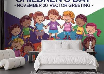 Diverse Children Holding Hands Celebrating Universal Children's Day Wall mural