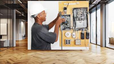 electrician crimping a wire in an electrical panel. Wall mural