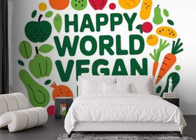 Happy World Vegan Day with Fruit and Vegetable Circle Design Wall mural