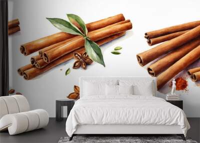 Set of watercolor illustrations of aromatic spices of cinnamon sticks and anise isolated on transparent background. Healthy herbs images for cooking, design, cards, poster, textile, menu. Wall mural