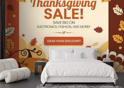 Thanksgiving Sale Banner with Pumpkins, Turkey, and Autumn Leaves Wall mural