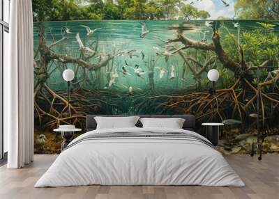 A thriving mangrove forest, with roots submerged in clear water and a variety of birds nesting in the branches AI generated Wall mural