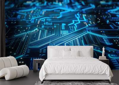 Abstract futuristic electronic circuit technology blue background concept with glowing lines and nodes AI generated Wall mural